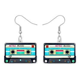 TIZURO Acrylic Cute 80s 90s Neon Retro Cassette Tape Earrings Cartoon Audio Dangle Jewelry For Women Punk Music Lovers Gifts (Turquoise)