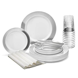" OCCASIONS" 640pcs set (80 Guests)-Heavyweight Wedding Party Disposable Plastic Plate Set -80 x10.5'' + 80 x7.5'' +Silverware +Cups +linen like paper Napkins (Diamond White & Silver)