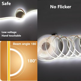 Cinlitek COB LED Strip Lights, 16.4ft Ultra High Density 12V Tape Light, 480LED/m, CRI 90+, 5mm Width Cuttable Flexible Dimmable LED Lighting for Home Indoor Decor&Commercial Use (No Power Supply)