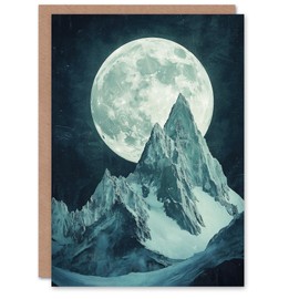Artery8 Greeting Card Alpine Mountain Range Peak Full Moon Fantasy Art Blank For Him Or Her Art Birthday Card