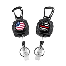 American Flag Retractable Keychain,2 Pack Heavy Duty Badge Reels Retractable, Tactical ID Badge Holder with Zinc Alloy Carabiner, 32'' Coated Steel Cord, Key Ring (USA Flag,Thin Red Line USA Flag)