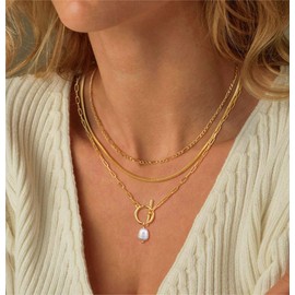 Hothrty Gold Necklace Set 14K Gold Multi-Layered Choker Dainty Necklace Pearl Pendant Herringbone Chain Trendy Jewelry for Woman