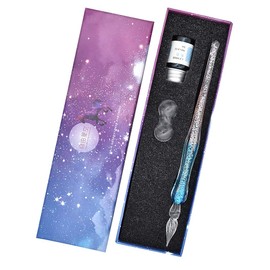 SIPLIV Handmade Glass Dip Pen Ink Set, Crystal Sparkling Signature Drawing Calligraphy Writing Pen with Bottle Ink and Pen Holder - Gradient Light Blue