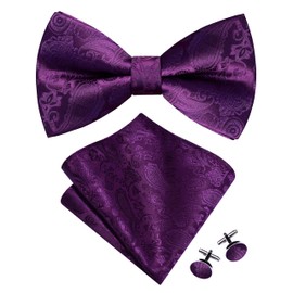 GUSLESON Dark Purple Bow Tie Pocket Square Set for Wedding Pre-Tied Paisley Solid Bowties Handkerchief Cufflinks for Men (0497-06)