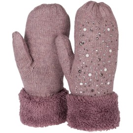 styleBREAKER 09010039 Women's Warm Winter Knitted Mittens with Rhinestones and Pearls Thermal Fleece Knitted Gloves, mauve