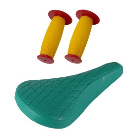 PRO+ Green Diamond Saddle & Yellow/Red Mushroom Grips BMX BIKE