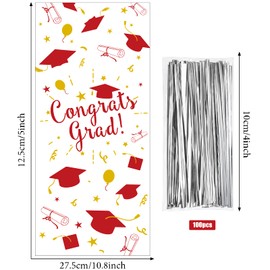 100 Pieces Graduation Cellophane Treat Bags, Congrats Graduates Candy Present Bags Plastic Clear Goodie Wrapping Bags with 100 Silver Twist Ties for Graduation Day (Red Gold,)