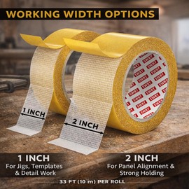 SWRT Double Sided Woodworking Tape, Removable Adhesive for Holding Wood Templates, Mounting Boards, MDF Edge Banding, Routing, and Anchoring, Clean Removal No Residue, 1 & 2 Inch x 33 FT, 2 Rolls