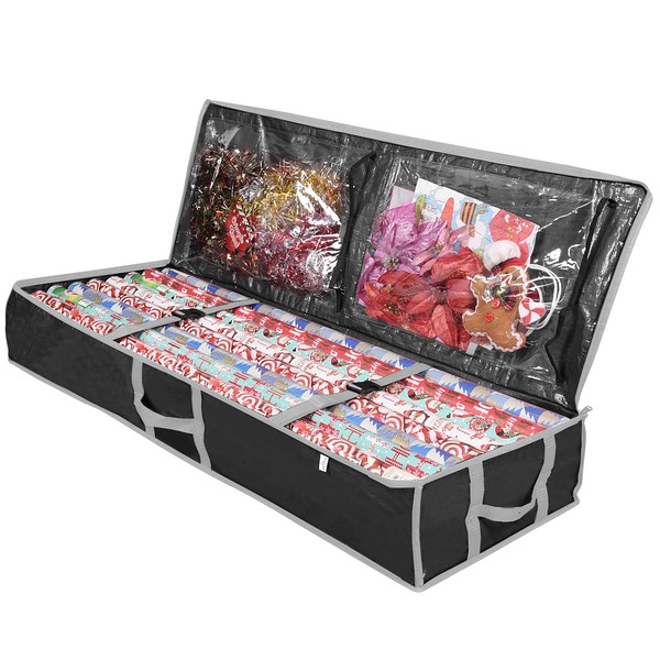 ProPik Wrapping Paper Storage Containers | Gift Wrap Organizer Under Bed 41”x14”x6” Fits 18-24 Rolls Fit Up to 40” Long Roll Wrap Storage Box Holder with Pockets for Ribbon Bows & Accessories (Black)