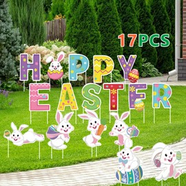 17PC Easter Decorations Happy Easter Yard Signs with Stakes Large Plastic Lawn Yard Stakes for Outdoor Garden Lawn Yard Hunt Game Party Props Decorations