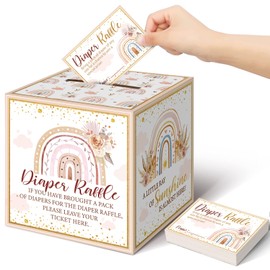 Teling 51 Pieces Diaper Raffle Tickets with Card Box Baby Shower Decorations Baby Shower Holder Box for Girl Boy Diaper Raffle Party(Pampas Grass)