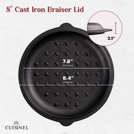 Cuisinel Cast Iron Lid - Fits 8"-Inch / 20.32cm Lodge Skillet, Frying Pans or Braiser + Silicone Handle Holder + Care Guide - Pre-Seasoned Replacement Cover - Indoor/Outdoor, Oven, Open Fire, BBQ Safe