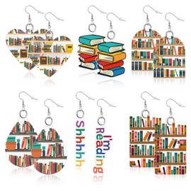6 Pairs Acrylic Book Earrings for Women Book Lover, Bookcase Dangle Earrings Bookshelves Earring Teacher Earring for Creative Librarian Readers Schoolmates Teacher Novel Graduation Christmas Gifts