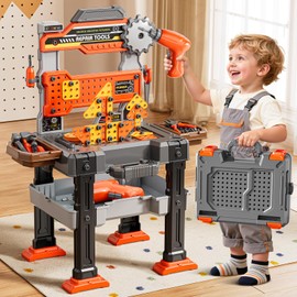 XINNOVEL 2 in 1 Workbench Toys for Toddlers 3-5, Kids Tool Bench Set with Electric Drill and Realistic Tool, Pretend Play Toolbox, Birthday Gifts for Boys Age 3 4 5 6 7 8 Year Old