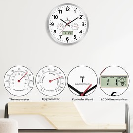 Foxtop Radio Wall Clock Analogue 30 cm LCD Display with Temperature and Date Silver