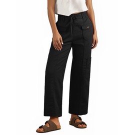 Fisoew Womens 100% Cotton Cargo Pants Drawstring Elastic Waist Casual Hiking Work Pants with Multiple Pockets Black