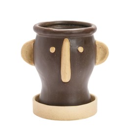 Creative Co-Op Stoneware Face Planter with Saucer, Brown & Cream Color, Holds 4" Pot