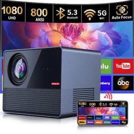 {Auto Focus/4K Support} FHD 1080P Projector 800 ANSI Cube Max 5G WiFi Bluetooth Outdoor Full-Sealed Enclosure Smart Home Movie Cinema Sports Game Karaoke Ready 20W Bass ZOOM Work w/ iOS Andrioid Cast