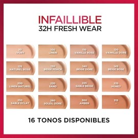 L'Oréal Paris Infallible 32H Freshwear Base de Maquillaje Líquida, Larga Duración y Alta Cobertura, Piel Luminosa al Instante Fórmula con Vitamina C, Tono 130, 30 ml