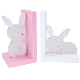 Cute Rabbit Wooden Book Organizer Bookends Book end Book File Home Office Library Decoration Birthday Gift(Pink and White)
