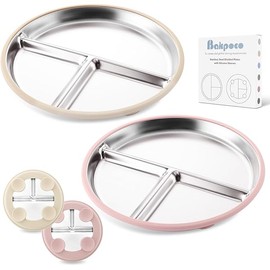 Stainless Steel Baby Plate with Suction, 9” Divided Toddler Plates with Removable Silicone Sleeves for Kids, Non-Toxic Non-Slip Unbreakable Dishwasher Safe Dinnerware Set of 2, Pink & Beige