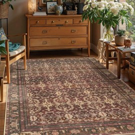 Rugxara Oriental 5x7 Area Rugs for Living Room Bedroom, Vintage Washable Rug, Red Boho Area Rug, Non Slip & Low Pile Faux Wool Carpet for Indoor Dining Room and Kids Room(Red 5x7ft)