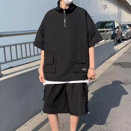 FJLTDCP Men's Summer Short Sleeve Top and Bottom Set, Sweatshirt, Room Wear, Summer, Work Wear, Large Size, Loose, Comfortable, T11# Black