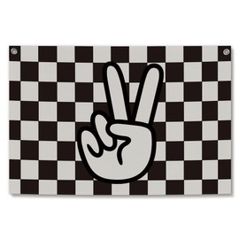 TWRVI Retro Black and White Checkered Canvas Banner, Peace Sign Wall Decor for Kids Boys Room Nursery Toddler Playroom Bedroom, Kids Wall Hanging Banner Flag, 30x20 Inch
