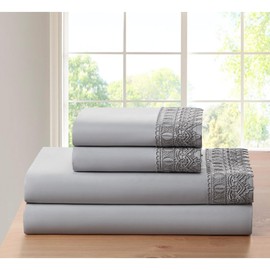4-Piece Lace Crochet Embroidery Bamboo Bed Sheets Set Queen Size | Casual Silky Soft Luxury Bedding Sets Silver Grey Solid Color Pattern | Deep Pocket Durable Elastic Fitted Thick Machine Washable