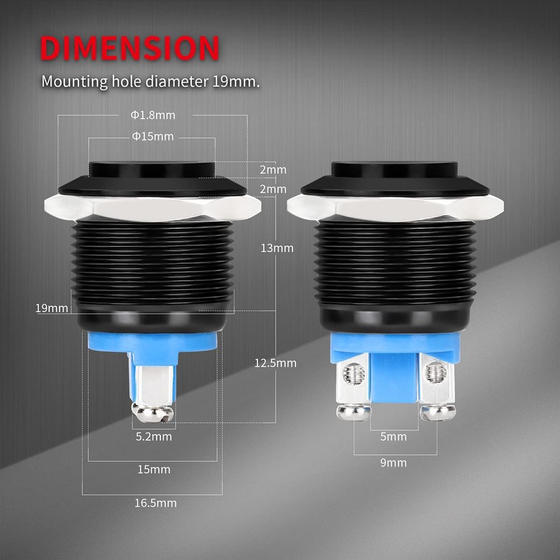 DaierTek 12V 19mm Momentary Horn Push Button Switch Black Metal