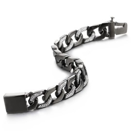 COOLSTEELANDBEYOND Men’s Stainless Steel Curb Chain Bracelet Grey Black High Polished with Cubic Zirconia