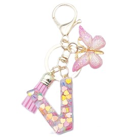 Xsclpomddy A-Z Initials Letter Keychain Pink with Tassel Butterfly Pendant for Wallet Backpack Handbags Women Girls,Letter V