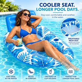 Inflatable Pool Lounger for Adults – Cooling Mesh Floating Chair with Backrest, Footrest and 2 Cup Holders