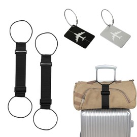 2 Pcs Suitcase Straps with 2 Pcs Luggage Tags, Suitcase Accessories Adjustable Luggage Belt for Suitcases Attach Bags Portable Travel, Luggage Belts for Suitcases(Black Belt, Black, Grey Luggage Tags)