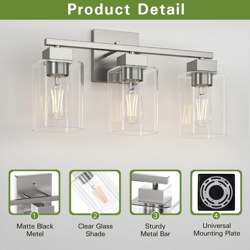 Espird Brush Nickel Bathroom Vanity Light - 3 Light Bathroom