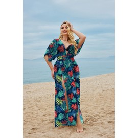 IN'VOLAND - Traje de baño de talla grande para mujer, cuello en V profundo, traje de baño, traje de baño, cubierta de bikini, vestido largo de kaftán, hojas tropicales, 18 Plus