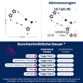 Tattwo.me Temporary Tattoos for Adults and Children 2 Weeks Waterproof - Constellation Gemini - Vegetable Ink - EU Cosmetic Certificate - (P0911)