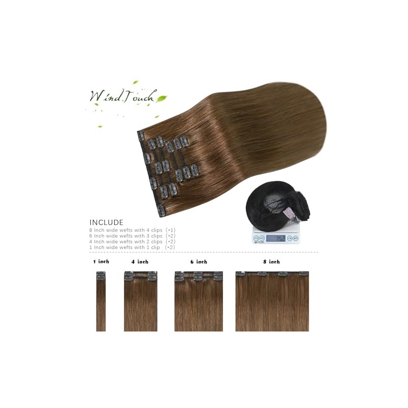 Extensiones de cabello con clip WindTouch, cabello humano real, castaño