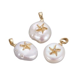 Crafans 5Pcs Cultured Freshwater Pearl Charms with Starfish Pattern, Natural Nuggets Pearl Beads with Golden Brass Loop & Cubic Zirconia Pearl Pendants for Jewelry Making