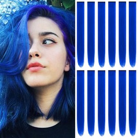 TOFAFA 22 inch Colored Hair Extensions straight Hairpiece, Multi-colors Party Highlights Clip in Synthetic Hair Extensions (12 PCS Blue)