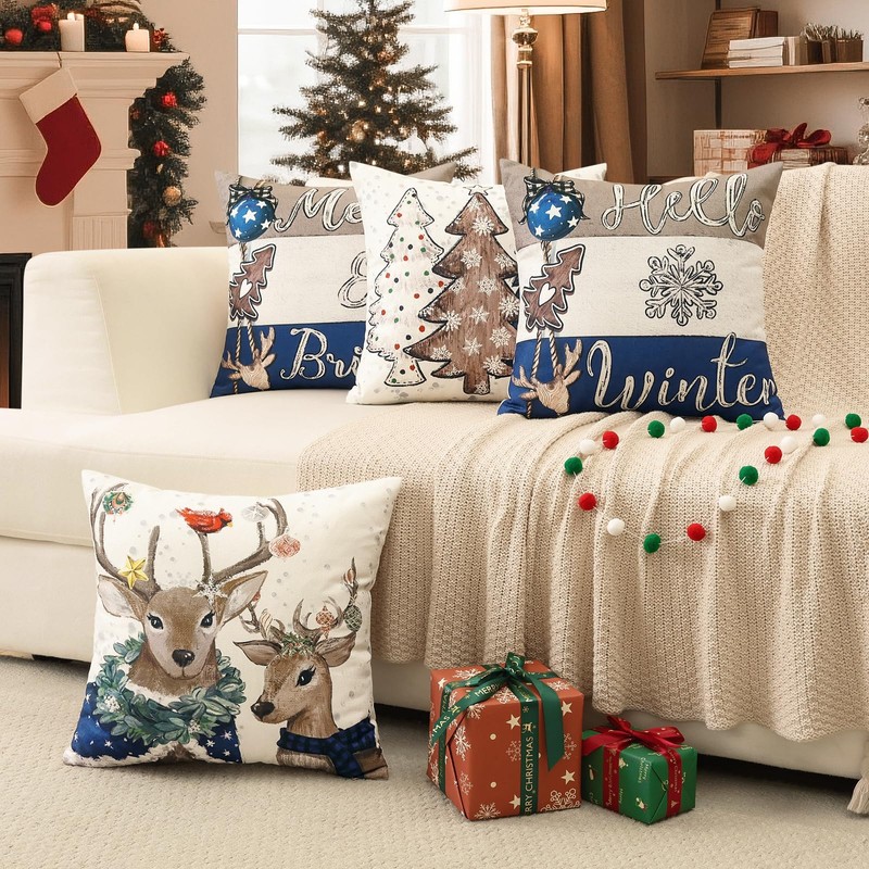 Christmas Throw Pillow Covers 16x16 Inch Set of 4, Merry