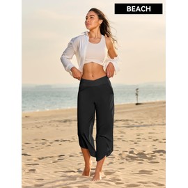 Emlovm Women's Wide Leg Cropped Pants Lightweight Lounge Yoga Pants High Waist Dressy Casual Dance Travel Trousers Plus Size with Pockets Black L