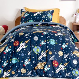 SLEEP ZONE Kids Twin Bedding Comforter Set - Super Cute & Soft Kids Bedding 5 Pieces Set with Comforter, Sheet, Pillowcase & Sham (Rocket Galaxy)