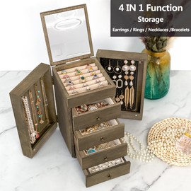 Meangood Jewelry Box Wood for Women, 5-Layer Large Organizer Box with Mirror & 4 Drawers for Rings, Earrings, Necklaces, Vintage Style Weathered Grey