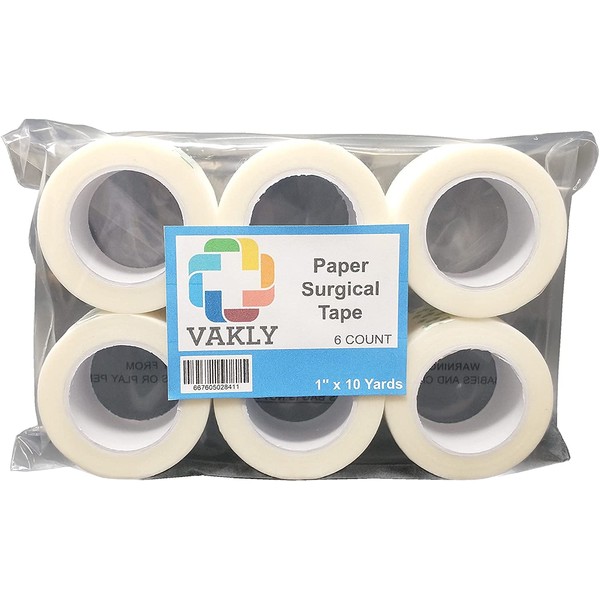 Paper Surgical Tape [Pack of 6 Rolls] Lightweight Breathable First Aid Medical Tape - 1" x 10 Yards - Latex Free
