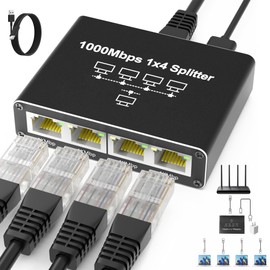 Internet Splitter 1 in 4 Out, Gigabit Ethernet LAN Splitters High Speed 1000Mbps RJ45 Ethernet Switch with USB C Power Cable for Cat5/5e/6/7/8 Cable
