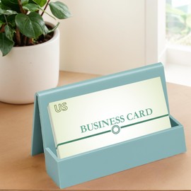 Business Card Holder, 2 Pieces Plastic Business Cards Display, Modern Card Holder for Desk, Desktop Card Holders Organizer, Office Desk Accessories for Men and Women (Lake Blue and Peach Pink)