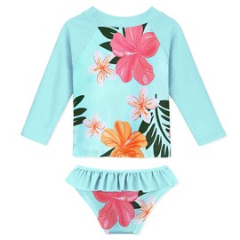 Funnycokid Toddler Girls Rashguard Swimsuit 3T 4T Rash Guard Swim Sets 2 Piece Long Sleeve Bathing Suits Floral Swimwear UV Sun Protection for Little Kids