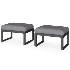 RoyalCraft 2 Pieces Aluminum Outdoor Patio Ottoman Set, Outdoor Foot Stools with Thick Cushion, Small Seat Furniture for Porch Balcony Backyard, Grey