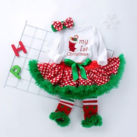 4Pcs Newborn Baby Girls Christmas Outfit Headband Romper Tutu Dress Leg Warmer Set for Baby Girl 0~24 Months (6~12 Months, Green Sock)